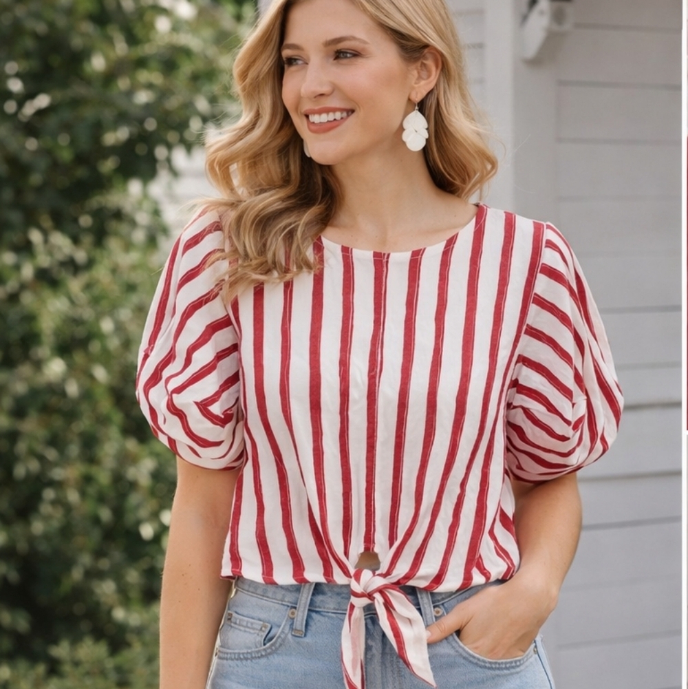 Bleuh Ciel Red & White Striped Tie-Front Blouse | Puff Sleeve | Size L - Picture 5 of 5